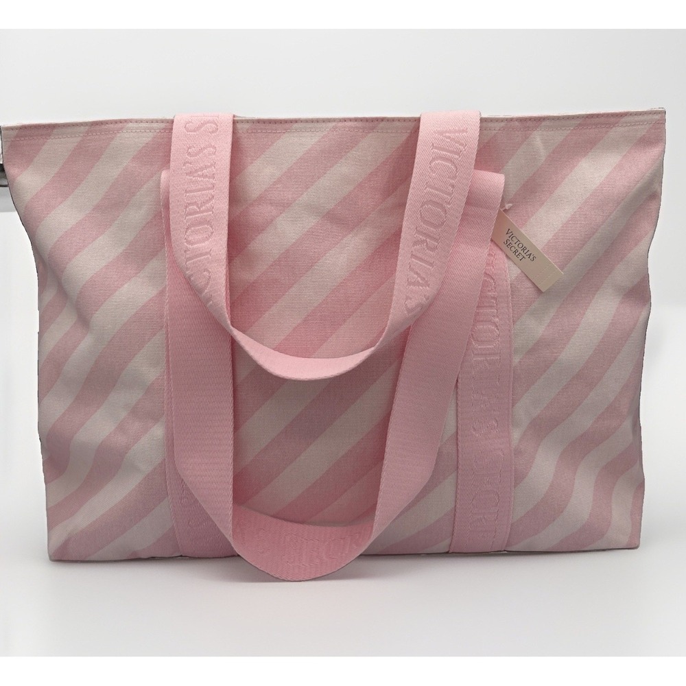 Victoria's Secret Pink Iconic Stripe Logo Strap Large Tote Canvas Bag NWT